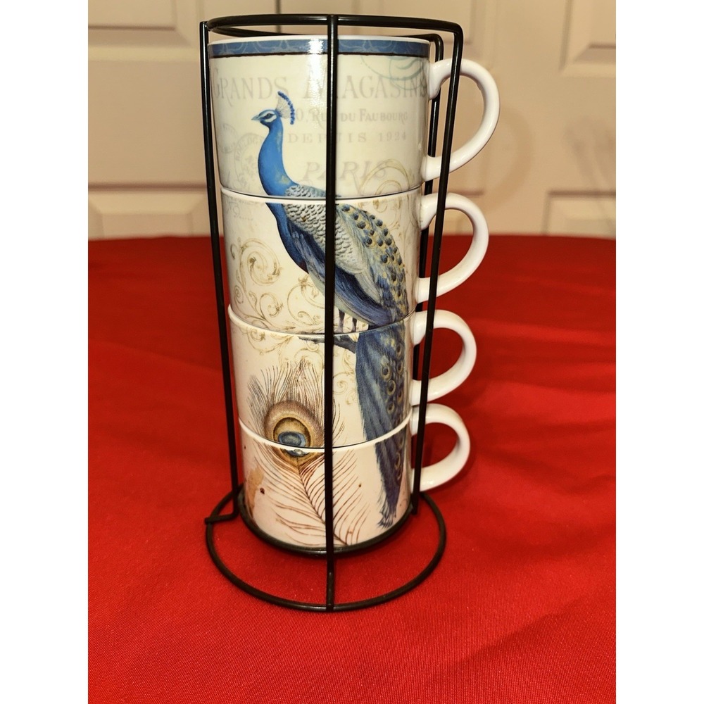 Cracker Barrel Peacock Coffee Cups Set Of 4 With Stand